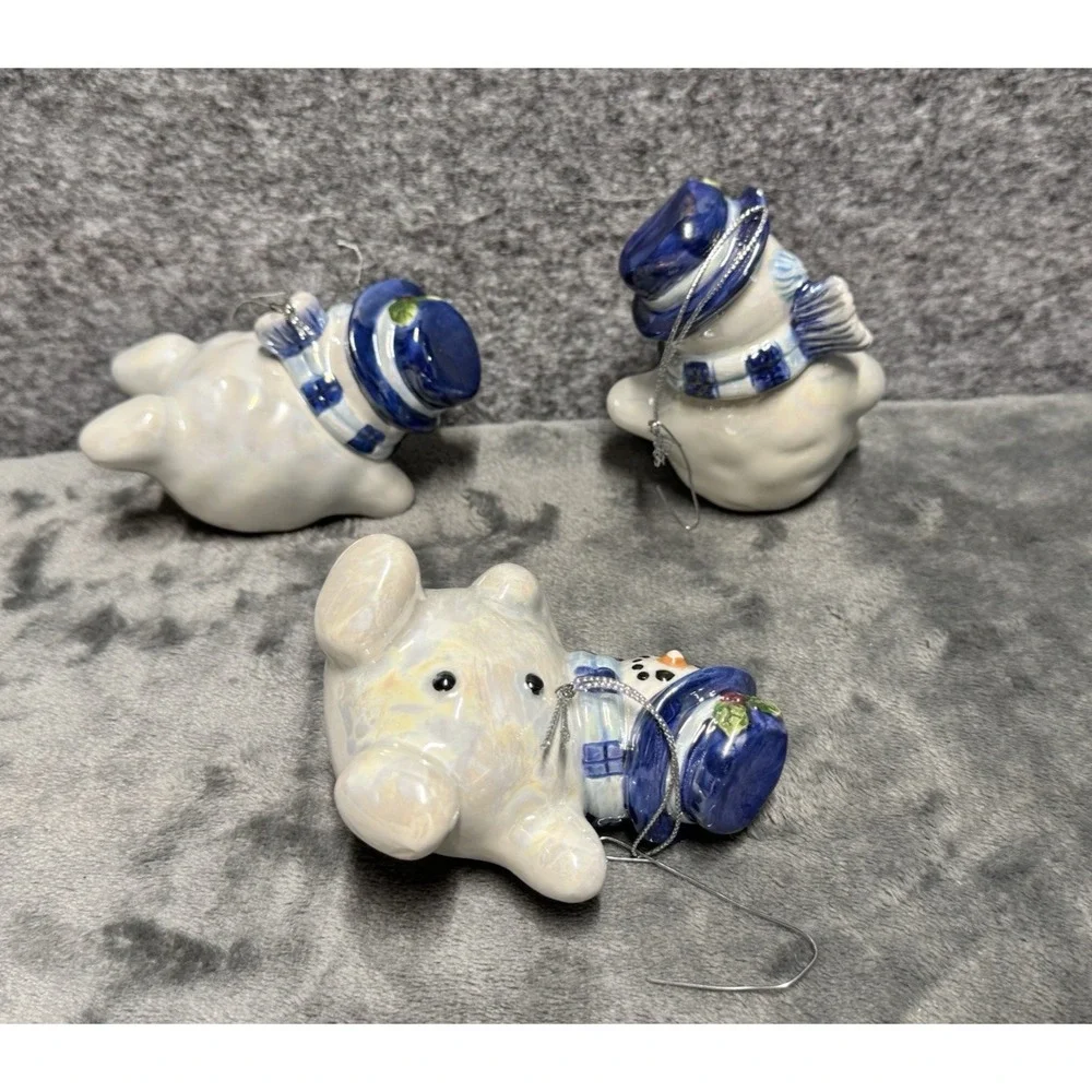 Snowman Ornaments Set of 3 Ceramic Hand painted Iridescent White w/ blue‎ Hat